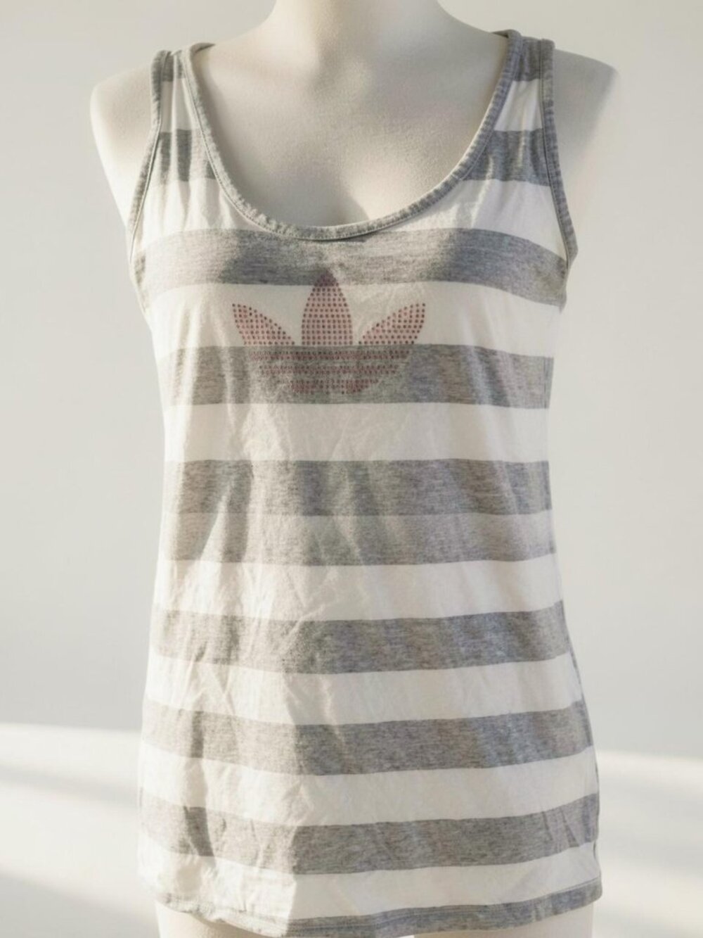 Y2K 2000s style Adidas white and gray striped tank top with rhinestone logo,